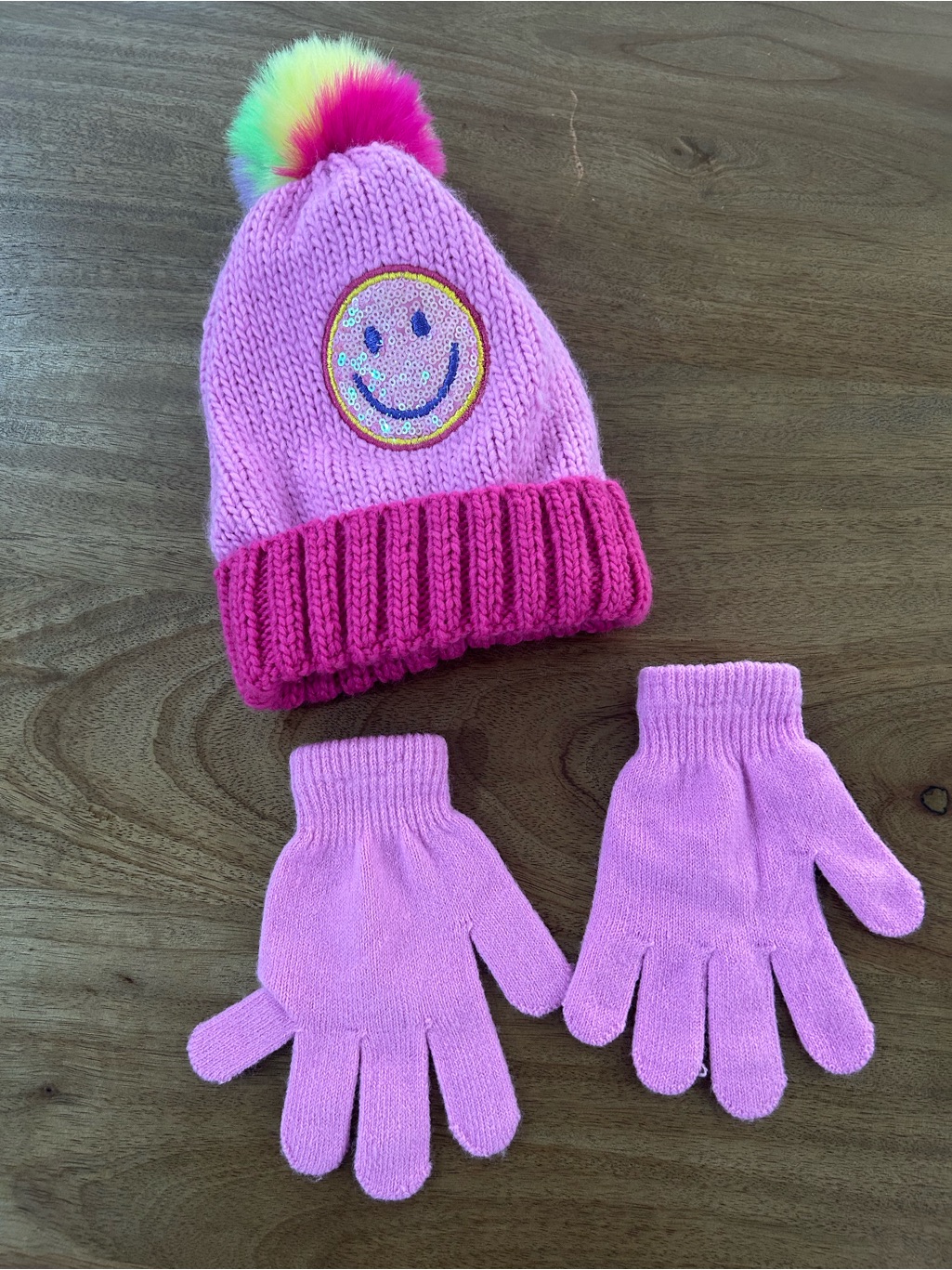 Pink Knit Beanie & Glove Set With Rainbow Pom